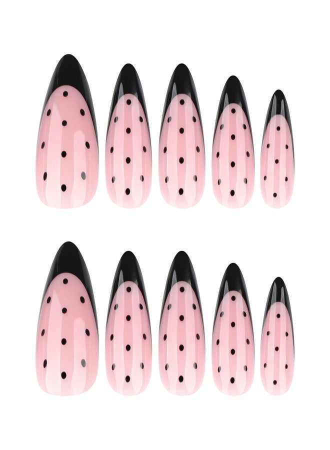 CTTHNBD Black French Tip Press on Nails Almond - Medium Fake Nails with Spot Design - Glossy Full Cover Stick on False Nails - for Women 24 Pcs - Image 5